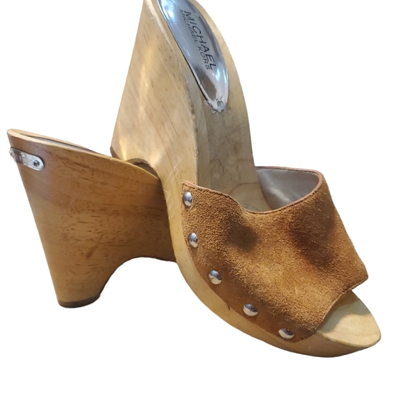 Michael Kors Shoes - Reg $165 Michael Kors Easton Mule  Stud Brown Suede Wedge Sandals size 9M